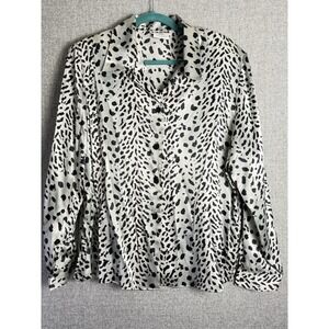 Vintage‎ 90s Satin Blouse Silver Leopard Print Button Up Long Sleeve Top XL/XXL